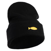 Plain Yellow Fish Sealife Embroidered Iron On Patched 12 Inch Long Knitted Beanie - Black OSFM