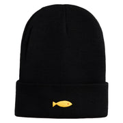 Plain Yellow Fish Sealife Embroidered Iron On Patched 12 Inch Long Knitted Beanie - Black OSFM