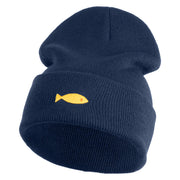 Plain Yellow Fish Sealife Embroidered Iron On Patched 12 Inch Long Knitted Beanie - Navy OSFM