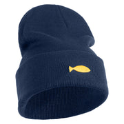 Plain Yellow Fish Sealife Embroidered Iron On Patched 12 Inch Long Knitted Beanie - Navy OSFM