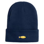 Plain Yellow Fish Sealife Embroidered Iron On Patched 12 Inch Long Knitted Beanie - Navy OSFM
