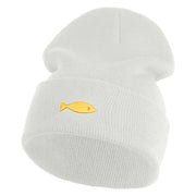 Plain Yellow Fish Sealife Embroidered Iron On Patched 12 Inch Long Knitted Beanie - White OSFM