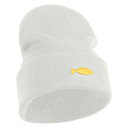 Plain Yellow Fish Sealife Embroidered Iron On Patched 12 Inch Long Knitted Beanie - White OSFM