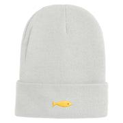 Plain Yellow Fish Sealife Embroidered Iron On Patched 12 Inch Long Knitted Beanie - White OSFM