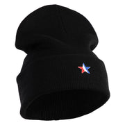 1-Inch Red, White and Blue Star Iron On Patched 12 Inch Long Knitted Beanie - Black OSFM