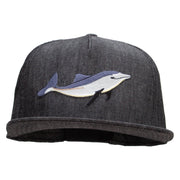 Embroidered Single Dolphin Patched 5 Panel Flat Bill Snapback Cap - Denim-Black OSFM