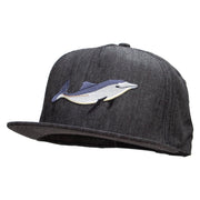 Embroidered Single Dolphin Patched 5 Panel Flat Bill Snapback Cap - Denim-Black OSFM