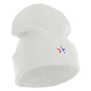 1-Inch Red, White and Blue Star Iron On Patched 12 Inch Long Knitted Beanie - White OSFM