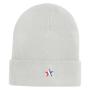 1-Inch Red, White and Blue Star Iron On Patched 12 Inch Long Knitted Beanie - White OSFM