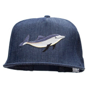 Embroidered Single Dolphin Patched 5 Panel Flat Bill Snapback Cap - Denim-Navy OSFM