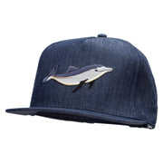 Embroidered Single Dolphin Patched 5 Panel Flat Bill Snapback Cap - Denim-Navy OSFM