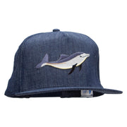 Embroidered Single Dolphin Patched 5 Panel Flat Bill Snapback Cap - Denim-Navy OSFM