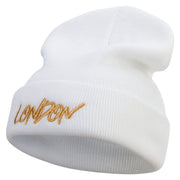 London Script Embroidered 12 Inch Long Knitted Beanie - White OSFM