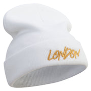 London Script Embroidered 12 Inch Long Knitted Beanie - White OSFM