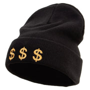 Money Gambling Embroidered 12 Inch Long Knitted Beanie - Black OSFM