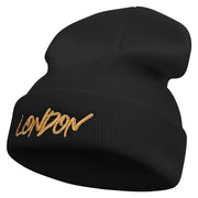 London Script Embroidered 12 Inch Long Knitted Beanie - Black OSFM