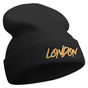 London Script Embroidered 12 Inch Long Knitted Beanie - Black OSFM