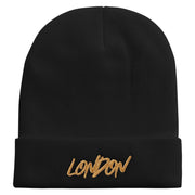 London Script Embroidered 12 Inch Long Knitted Beanie - Black OSFM