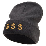 Money Gambling Embroidered 12 Inch Long Knitted Beanie - Dk-Grey OSFM