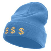 Money Gambling Embroidered 12 Inch Long Knitted Beanie - Sky-Blue OSFM