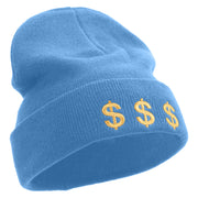 Money Gambling Embroidered 12 Inch Long Knitted Beanie - Sky-Blue OSFM