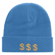 Money Gambling Embroidered 12 Inch Long Knitted Beanie - Sky-Blue OSFM