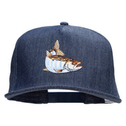 Striped Trout Fish Patched 5 Panel Flat Bill Snapback Cap - Denim-Navy OSFM