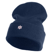 Tiny Nautical Wheel Iron On Patched 12 Inch Long Knitted Beanie - Navy OSFM