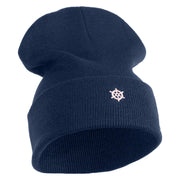 Tiny Nautical Wheel Iron On Patched 12 Inch Long Knitted Beanie - Navy OSFM