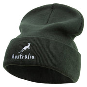 White Kangaroo Embroidered 12 Inch Long Knitted Beanie - Olive OSFM