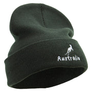 White Kangaroo Embroidered 12 Inch Long Knitted Beanie - Olive OSFM