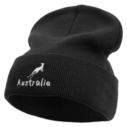 White Kangaroo Embroidered 12 Inch Long Knitted Beanie - Black OSFM