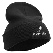 White Kangaroo Embroidered 12 Inch Long Knitted Beanie - Black OSFM