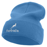 White Kangaroo Embroidered 12 Inch Long Knitted Beanie - Sky-Blue OSFM