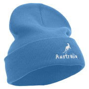 White Kangaroo Embroidered 12 Inch Long Knitted Beanie - Sky-Blue OSFM