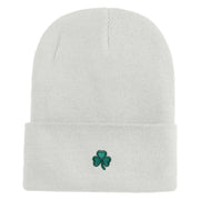 Shamrock St. Patrick's Day Embroidered Iron On Patched 12 Inch Long Knitted Beanie - White OSFM