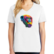 Abstract Chimpanzee Graphic Design Ladies Big Size Core Cotton V neck T-Shirt - White XS