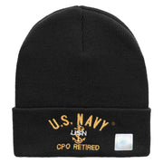 Licensed US Navy CPO Retired Logo Embroidered Long Beanie Made in USA