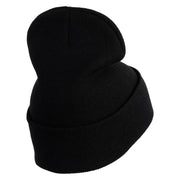Rhinestud Hotfix Flower Iron On Glue Patched 12 Inch Long Knitted Beanie - Black OSFM