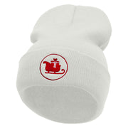 Santa Carriage Embroidered 12 Inch Long Knitted Beanie - White OSFM