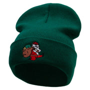 Santa Is Running Embroidered 12 Inch Long Knitted Beanie - Dk-Green OSFM