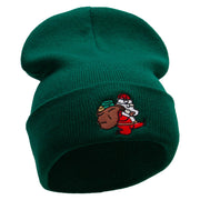 Santa Is Running Embroidered 12 Inch Long Knitted Beanie - Dk-Green OSFM