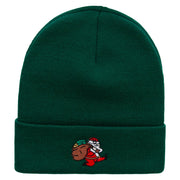 Santa Is Running Embroidered 12 Inch Long Knitted Beanie - Dk-Green OSFM