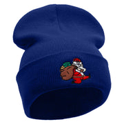 Santa Is Running Embroidered 12 Inch Long Knitted Beanie - Royal OSFM