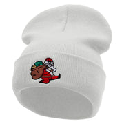 Santa Is Running Embroidered 12 Inch Long Knitted Beanie - White OSFM