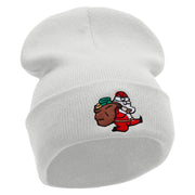 Santa Is Running Embroidered 12 Inch Long Knitted Beanie - White OSFM