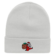 Santa Is Running Embroidered 12 Inch Long Knitted Beanie - White OSFM