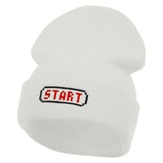 Game Start Button Embroidered 12 Inch Long Knitted Beanie - White OSFM