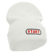 Game Start Button Embroidered 12 Inch Long Knitted Beanie - White OSFM