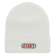 Game Start Button Embroidered 12 Inch Long Knitted Beanie - White OSFM